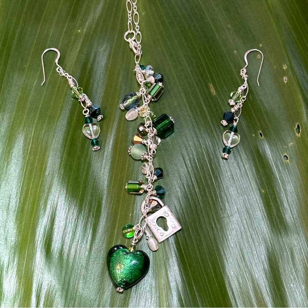 Green Swarovski Heart and Crystals on Silver Necklace and Earring Set